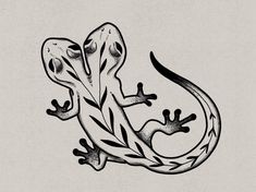 a drawing of a gecko sitting on top of a tree branch in black and white