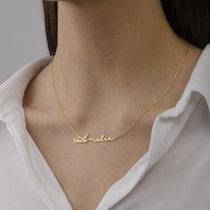 "Gold Name Necklace, Mother's Day gifts , Perfect Personalized Gift For Her * Material: High Quality Solid 925 Sterling Silver * Finish: Sterling Silver ∙ 18K Gold ∙ Rose Gold * All our jewelry is made by hand with Love STERLING SILVER 925 We use real Sterling Silver 925 How to customize Order? 1) Select Color 2) Select Chain length 3) Click \"Add to Cart\" 3) Will need work name or letters write to the text box (like: Alis ♥ Laura -S♥G ) 4) Checkout 5) Complete order Shipping & Package * Yo Handmade Classic Jewelry For Personalized Gift, Customizable Pendant Necklace For Birthday Gift, Minimalist Sterling Silver Name Necklace For Birthday, Minimalist Sterling Silver Name Necklace As Birthday Gift, Classic Customized Necklace For Birthday, Birthday Gift Necklace In Sterling Silver, Classic Name Necklace For Gift, Elegant Engraved Necklace For Birthday Gift, Sterling Silver Nameplate Necklace For Gifts