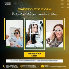 a flyer for an eye exam with two women looking through the glasses and one woman holding a folder