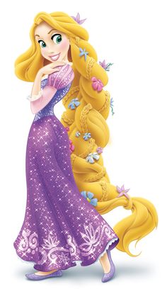 the princess with long blonde hair is standing next to a tall yellow pony tail that has flowers on it