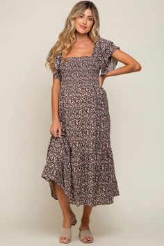 Cream Floral Flutter Maternity Midi Dress– PinkBlush Casual Midi Dress With Smocked Bodice And Flutter Sleeves, Summer Maternity Midi Dress With Smocked Back, Maternity Midi Dress With Smocked Back, Maternity Short Sleeve Dresses With Smocked Back, Maternity Dresses With Smocked Back And Short Sleeves, Flowy Smocked Midi Dress With Square Neck, Floral Print Smocked Dress With Short Sleeves For Brunch, Short Sleeve Floral Smocked Dress For Brunch, Casual Floral Print Maternity Midi Dress