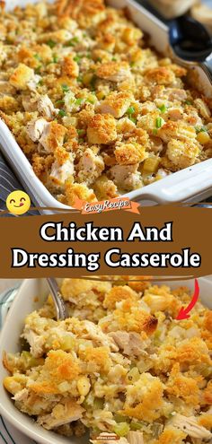 chicken and stuffing casserole in a white dish