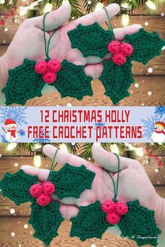 crochet christmas holly free pattern is shown in three different sizes, with the text below it