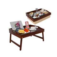 two wooden trays with food and drinks on them