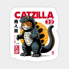 a sticker with an image of a cat that is in the shape of a godzilla