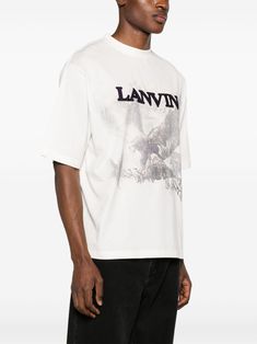 Find LANVIN X Future Eagle-print Cotton T-shirt on Editorialist. white/black cotton jersey texture embroidered logo to the front graphic print to the front crew neck short sleeves straight hem When buying this unisex item, keep in mind that it is graded in standard men's sizing. Cotton T-shirt With Signature Print In Relaxed Fit, Relaxed Fit Signature Print Tops For Streetwear, White Signature Print Top For Streetwear, White Tops With Signature Print For Summer, White Summer Tops With Signature Print, Streetwear Signature Print Crew Neck Tops, Signature Print Crew Neck Top For Streetwear, Crew Neck Top With Signature Print For Streetwear, Summer Crew Neck Tops With Signature Print