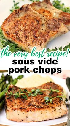 Two images of sous vide pork chops both ready to serve with text overlay that says, "the very best recipe! sous vide pork chops" Sous Vide Pork Chops, Center Cut Pork Chops, Tender Pork Chops, Red Meat Recipes, Cooking For Beginners, White Meat, Chicken Wing Recipes