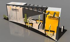 an exhibition stand with yellow and black accents