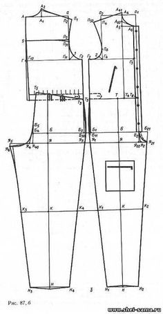 an image of the front and back view of a pants pattern, with measurements for each section