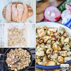 four pictures showing different types of food including meats, vegetables and chicken on the stove