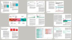 six pages with different numbers and colors on them, all showing data in each section