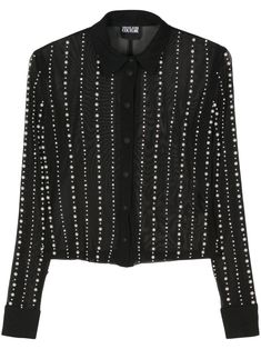 black mesh design faux-pearl embellishment front press-stud fastening spread collar long sleeves press-stud fastening cuffs unlined straight hem cropped Pearl Shirt, Versace Shirts, Pearl Embellishment, Couture Tops, Versace Jeans Couture, Mesh Design, Versace Jeans, Exclusive Fashion, Black Mesh