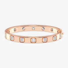 10 3/4 ctw Asscher Lab Grown Diamond  Bangle Bracelet - 8 Inches 14K Rose Gold F, VS2 Classic Rose Gold Bangle With Single Cut Diamonds, Rose Gold Bangle With Diamond Cut, Rose Gold Diamond Cut Bangle, Rose Gold Bangle With Single Cut Diamonds For Anniversary, Rose Gold Bracelets With Single Cut Diamonds For Anniversary, Anniversary Rose Gold Bracelets With Single Cut Diamonds, Rose Gold Bezel Set Bracelets For Wedding, Rose Gold Wedding Bracelet With Bezel Setting, Diamond Bangle Bracelet