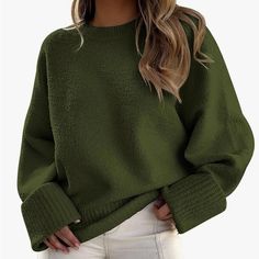 Lillusory Women's Oversized Sweaters Fuzzy Chunky Warm Pullover Sweater. 2xl.Nwt Color: Christmas Green Size: 2xl (Oversized) Fabric Type 50%Polyester, 35%Acrylic, 12%Polyamide, 3%Woo Oversized Sweater Women, Pullover Mode, Pull Oversize, Solid Color Sweater, Crewneck Design, Oversized Knitted Sweaters, Chic Sweaters, Oversized Style, Sweaters Crewneck