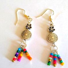 Handmade Bead Floral Earrings New Multicolor Nickel-free Beaded Earrings For Festival, Colorful Nickel-free Dangle Beaded Earrings, Nickel-free Colorful Dangle Beaded Earrings, Multicolor Metal Earrings For The Beach, Multicolor Metal Earrings For Beach, Handmade Multicolor Beaded Metal Earrings, Handmade Multicolor Metal Beaded Earrings, Multicolor Beaded Metal Earrings With Ear Wire, Hand Crafted Jewelry