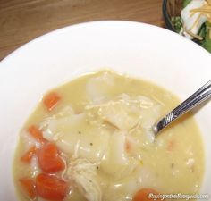 a white bowl filled with chicken and carrots next to a plate of pasta salad