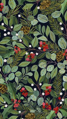 a painting of leaves and berries on a black background