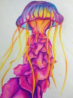 a drawing of a purple jellyfish with yellow tentacles