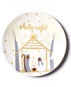 a white plate with a nativity scene on it that says,'baby night '