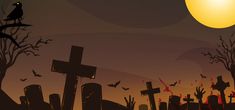 a graveyard with tombstones, crosses and bats in the background at sunset or dawn