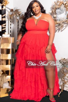 Polyester %: 95 Spandex %: 5 Bodysuit snap closure  Back Zipper Plus Size Strapless Dress, Orange Dress Plus Size, Red Outfit Plus Size, Birthday Dresses Plus Size, Plus Size Gala Dress, Fluffy Fashion, Tulle Ruffle Dress, Plus Size Homecoming Dresses, Plus Size Red Dress