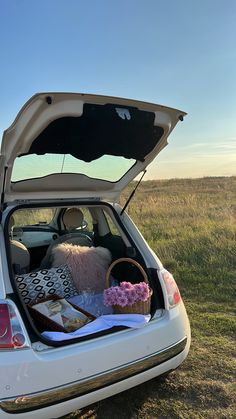 the back end of a white car with its trunk open in a grassy field on a sunny day