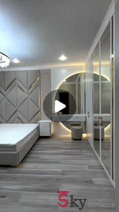 a room with a bed, sink and mirror on the wall is shown in this 3d image