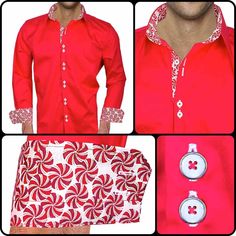 Proudly Made In The USA 100% Bright Red Italian Supremo Cotton Peppermint contrast fabric Brass Chrome Ring Double Button Design Purl Stitch Buttonholes Due to many requests for Men's Holiday Dress Shirts for special events or holiday occasions, we decided to produce a few specialty shirts just for these occasions. - SHIRT IS MADE TO ORDER  - FASTEST LEAD TIME IN THE USA - We produce and ship within 1 business day. We ship 2-day priority mail in the USA and 1st Class International for all other countries.  - Shirts are made in Fort Wayne, Indiana and sold to 33 countries all over the world. (Size Chart in pictures above) Luxury Classic Red Shirt, Luxury Red Formal Shirt, Mens Holiday Shirts, Christmas Attire, Red Christmas Dress, Mens Dress Shirts, Fort Wayne Indiana, Mens Holiday, Classy Men