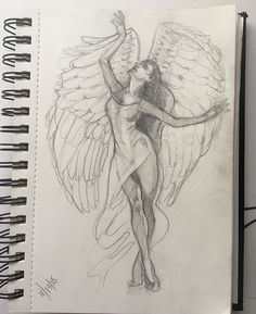 a pencil drawing of an angel with wings on it's back and arms outstretched