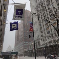 the street is covered in snow and there are several flags hanging from poles on it