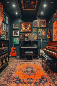 a room filled with lots of different types of musical instruments and artwork on the walls