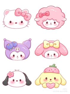 some cute little cartoon animals with bows on their heads and ears, all in different colors