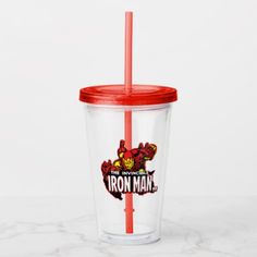 a glass with a red lid and a straw in the shape of an iron man logo