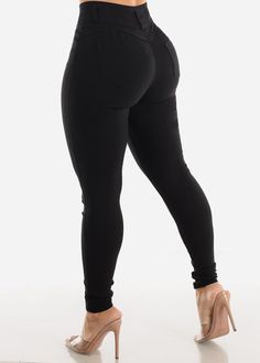 Black High Waist Butt Lift Levanta Cola Jeggings - Moda Xpress High Stretch Mid-rise Bottoms With Pockets, High-stretch Mid-rise Bottoms With Pockets, Versatile Tight Black Bottoms, Black Leggings With Pockets And Comfort Stretch, High Stretch Black Bottoms, High Waist High Stretch Black Jeans, Black High Waist High Stretch Jeans, Black High-waist High-stretch Jeans, High Waist Black Jeans With High Stretch