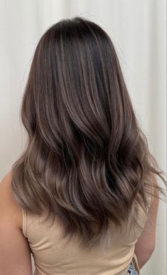 Natural Balayage Ash Brown, Natural Brown Balayage On Black Hair, Dark Balayage Cool Tone, Dark Brown Hair With Highlights Cool Tone, Brown Balayage Hair Cool Tone, Ash Brown Dark Hair, Ashy Chocolate Brown Hair Balayage, Cool Tone Brown Hair Highlights, Neutral Brown Balayage On Dark Hair