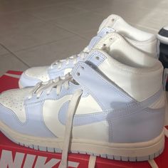 Worn Once Comes In Box Perfect Condition Light Blue, White Cute Shoes Nike, Hightop Sneakers, Cute Sneakers, Dunk High, Nike Shoes Women, Blue Nike, Grey Color, Shoes Women, Cute Shoes