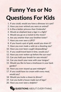 a pink poster with the words funny yes or no questions for kids written in black