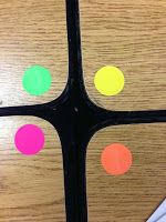 an image of some colorful dots on a wooden table with the text, use colored dots to make groups easy