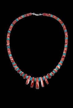 Santo Domingo Handmade Sterling Turquoise Red Spiny Oyster Beaded Jacla Necklace Necklace measures approximately 19.25"  The beads graduate from approximately 6mm to 19mm Total weight is approximately 38 Grams Condition: New  Metal: Sterling silver  Comes in a gift box! This item is in used condition and will exhibit the expected surface scratches and dings to the silver from normal wear.  See our other beautiful necklaces! https://www.etsy.com/shop/OnceUponAGemJewelers/items?section_id=21444640 Velvet Jewelry, Necklace Turquoise, Spiny Oyster, New Metal, Denver Co, Jewelry Pouch, Beaded Necklaces, Beautiful Necklaces, Turquoise Necklace