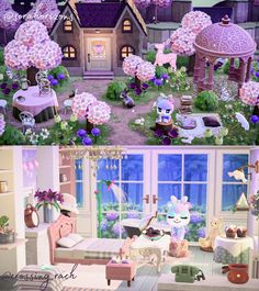 two pictures of the inside of a dollhouse with furniture and flowers on display in it