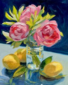 a painting of pink roses and lemons in a vase on a blue tablecloth