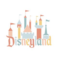 the word disneyland written in front of a castle with turrets and flags on it's roof