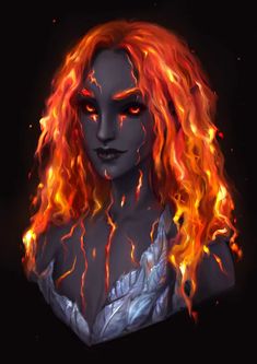 a woman with red hair and flames on her face is shown in this digital painting