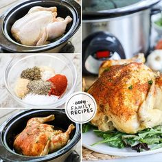 four pictures showing how to cook chicken in the slow cooker