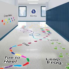 the floor is covered in colorful stickers and has a logo for lead frog on it