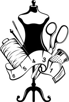 a black and white drawing of a sewing mannequin with scissors, thread, needle and needles