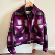 A Gorgeous Jacket. Shows Moderate Pilling Throughout. See Pics For Condition. No Other Material Signs Of Wear Outside Of Some Discoloration On The Inside Of The Color. Purchased For $400 From Intermix. 66% Wool, 34% Polyester. Has An Oversized Fit So Could Easily Fit A S, M, And L Depending On The Fit Desired. Purple Tartan, Woolen Coat Woman, Loose Coats, Plaid Coat, Woolen Coat, Winter Jackets Women, Green Rose, Plaid Jacket, Short Coat