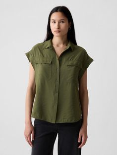 Soft woven blend utility shirt.  Point collar.  Short sleeves.  Button front.  Patch pockets at chest.  * Fit: Classic.  A straight & easy fit.  Hits at the hips.  Models wearing Gap Utility Shirt, 50 Off Sale, Army Jacket, Green Jacket, New Woman, Toddler Boys, Patch Pocket, Gap, Short Sleeves