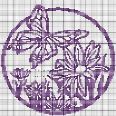 a cross stitch pattern with purple flowers and butterflies in the center on a white background