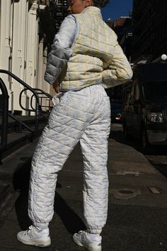 Ada Quilted Joggers — Blue Toile – Yellow The Label White Quilted Jacket For Spring, White Cotton Quilted Casual Jacket, White Cotton Casual Quilted Jacket, Casual White Cotton Quilted Jacket, White Quilted Jacket With Pockets For Spring, Quilted Joggers, Toile Print, Blue Toile, Blue Florals